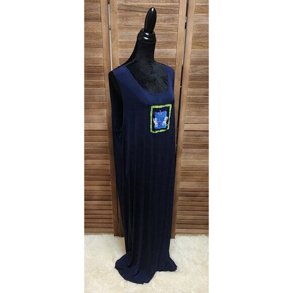 Vintage 90s All That Jazz Dress Plus Size 2X Navy Blue Sleeveless Stretch Maxi - Picture 2 of 7
